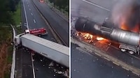 Carambola: pipa choca y se incendia en la autopista Chamapa-Lechería, a la altura de Naucalpan