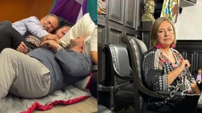 La Consejería exhibió dos fotos de Gálvez, en una de ella aparece encadenada a la mesa directiva del Senado