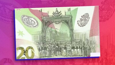 Los colores que predominan son el rojo y verde y conmemora la entrada del Ejército trigarante