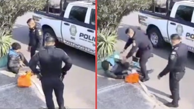 Policía cachetea a un jardinero que se encontraba sentado.