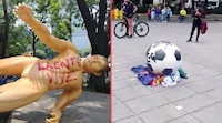 Miembros de la CNTE derriban y queman estatuas del Mundial 2026 en Paseo de la Reforma