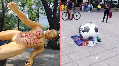 CNTE lanza amenaza, derriban y queman estatuas del Mundial 2026 en Paseo de la Reforma