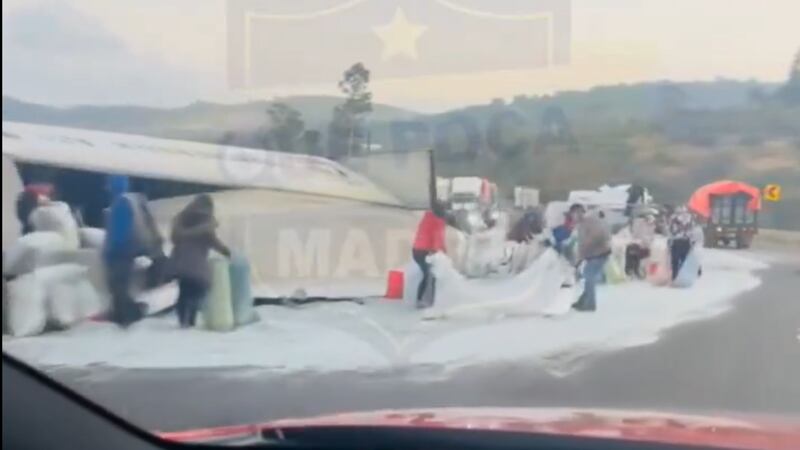 Vuelca tráiler en carretera del Edomex y habitantes hacen rapiña de PET