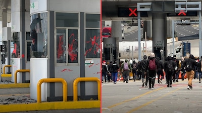 Normalistas bloquean y causan daños en la caseta de Tlalpan durante protesta rumbo al Centro de CDMX