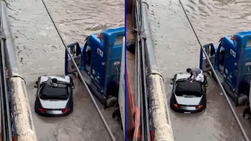 VIDEO: Trailero rescata a conductor atrapado por inundación en Tultitlán