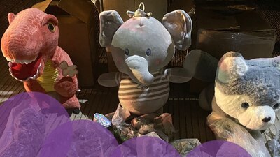 Suaves por fuera, los peluches tenían figura de un dinosaurio, un elefante y un perro