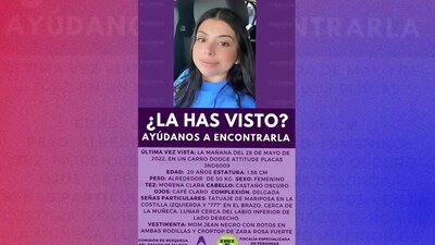 La joven de 20 años fue vista por última vez el pasado 28 de mayo