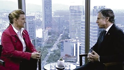 La columnista y analista Ana María Salazar y el secretario de Estado de EU, Antony Blinken