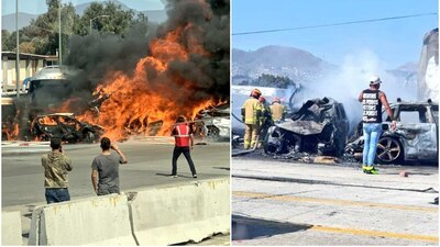 Un camión de carga se habría quedado sin frenos, por lo que impactó a una docena de vehículos y provocó una explosión
