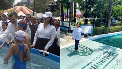 Marcelo Ebrard (izq.) en una playa artificial en 2009; Sandra Cuevas hizo lo suyo este 2023 (der.)