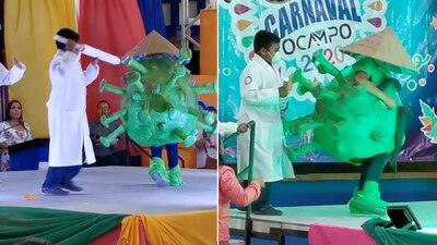 Un niño se disfrazó de coronavirus para actuar en el Carnaval de Ocampo, que se lleva a cabo en Tamaulipas