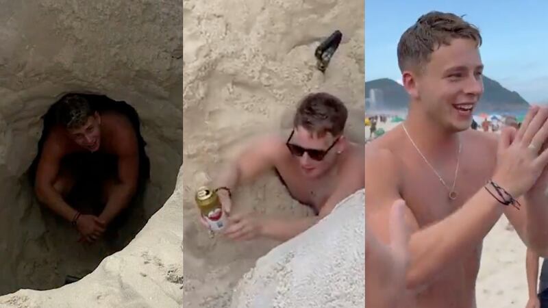 VIDEO: Turista se atasca en hoyo que él mismo cavó en playa de Copacabana, Brasil